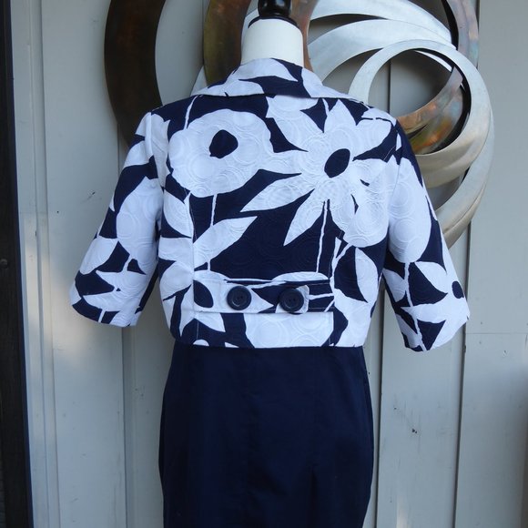 2 Piece Navy Form Fitting Cotton Dress with Crop Jacket, Size 14 - Picture 4 of 5